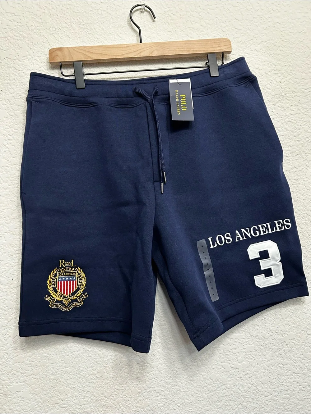NWT Polo Ralph Lauren Los Angeles Double-Knit Shorts Navy Blue Crest Men's M